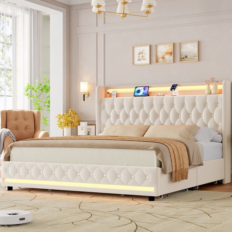 Glastonbury Velvet Upholstered Wingback Storage Bed with LED Lights, Off White, King