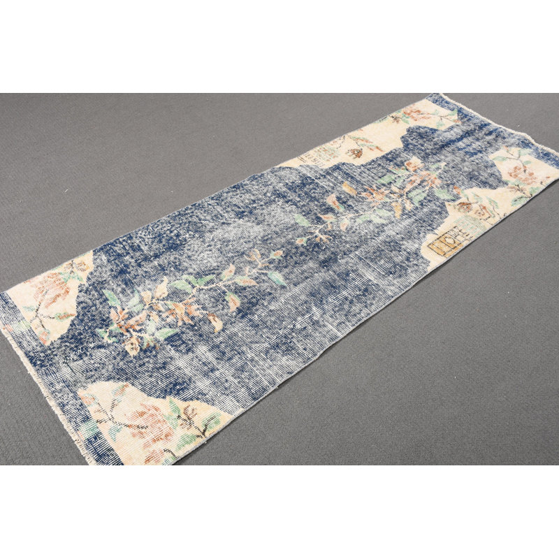 Tapis de couloir rétro vintage bleu Oushak pour la cuisine et les escaliers avec un design antique d'Anatolie