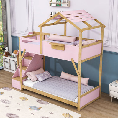 Lit superposé en bois avec design de maison, escalier, lumières DEL et tablette latérale