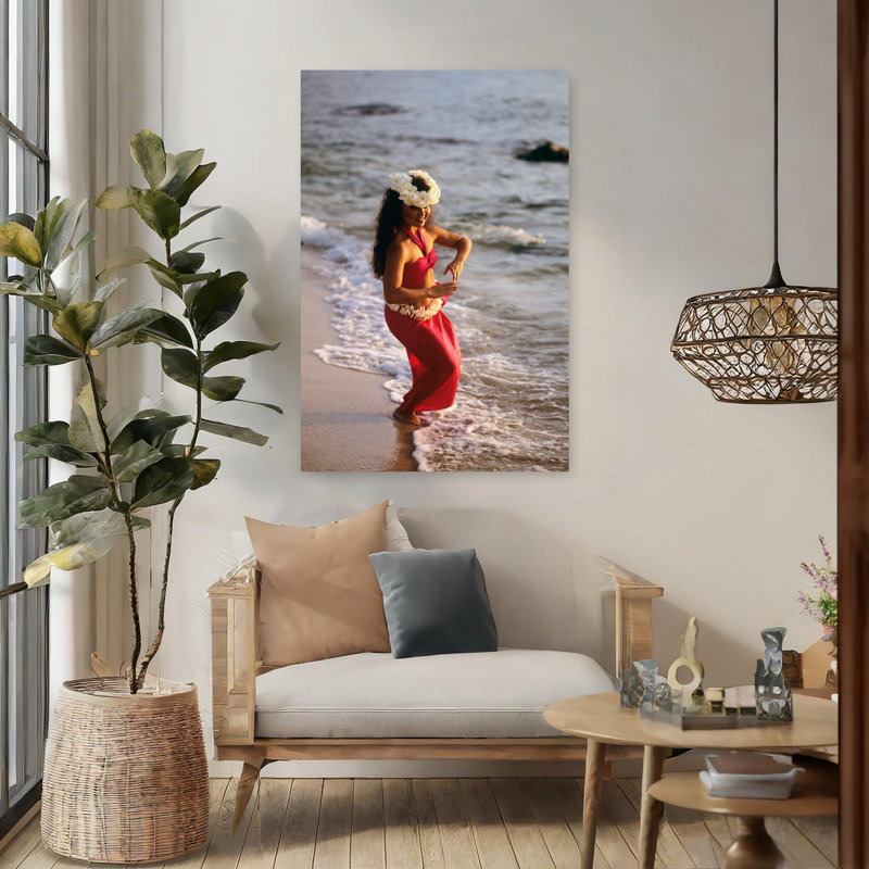 Hula Dancer Hawaii At Waters Edge Surf Beach Flower Wall Art, H 48 po x l 32 po