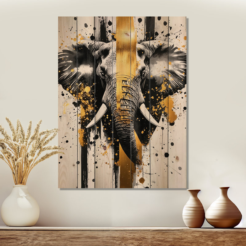 Golden Elephant African Giant II - impression moderne en bois doré sur bois de pin naturel, H 40 po x l 30 po