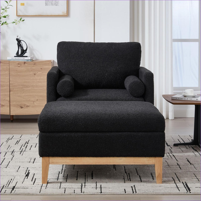 Ensemble de chaises d'appoint de style campagnard noir de 35,4 po avec repose-pieds et table basse réversible, base en bois naturel pour bureau de salon