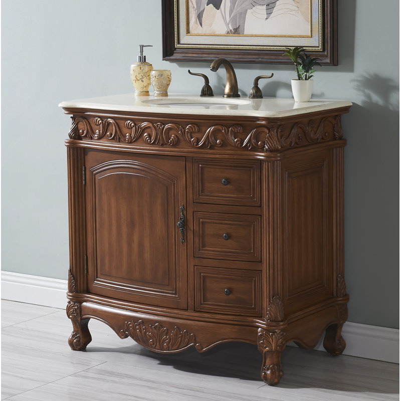 Ensemble de meuble-lavabo simple 36 po Aurillac, Teck, Marbre de couleur crème