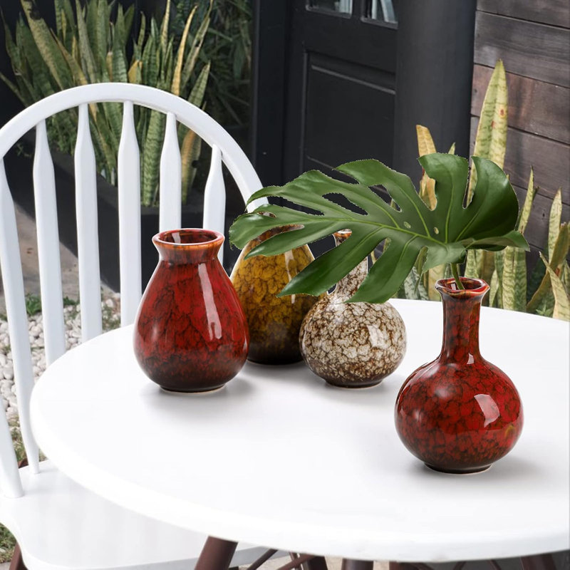 Set Of 4 Ceramic Flower Vases Farmhouse Decor, Boho Decor, Red And Yellow Reactive Glazed Color Small Flower Vases, Centerpiece Table Decorations, Decorative Ceramic Vase For Home, Living Room