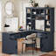 Bureau d'ordinateur en L avec 2 armoires et 2 tiroirs, 11 tablettes ouvertes et 1 tablette à droite rabattable avec rangement, avec prise de courant, pour bureau, salon et bureau, bleu antique-1183966678