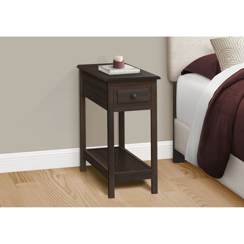 Table d'appoint étroite avec ornement en placage brun, tiroir de rangement et table de transition pour salon de chambre à coucher à 2 niveaux, placage, caractéristique pour