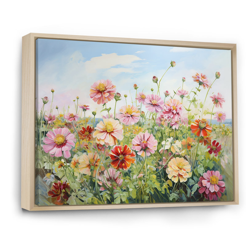 Zinnias Country Charm sur toile, Cadre naturel flottant, H 24 po x l 32 po x P 1 po