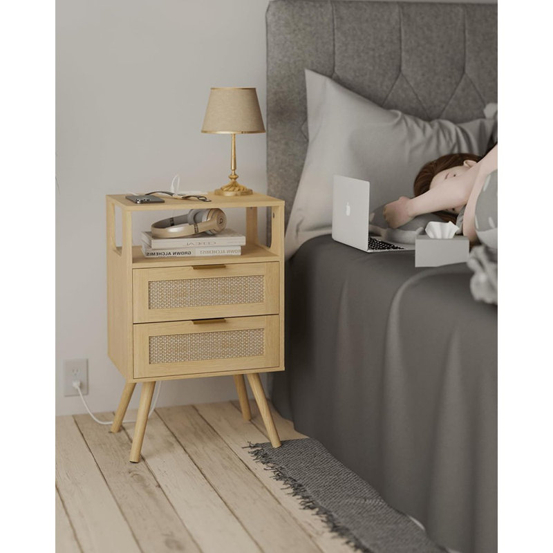 Table de chevet en rotin avec station de charge, table de chevet moderne ...