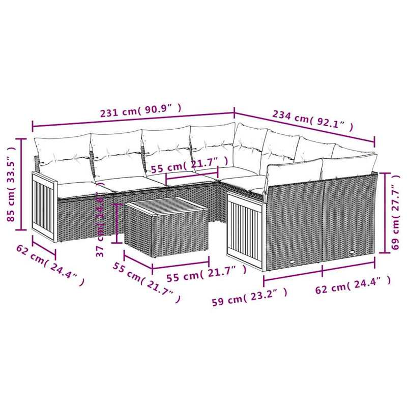  Ensemble de canapé de patio 9 pièces avec coussins en rotin de polyester gris