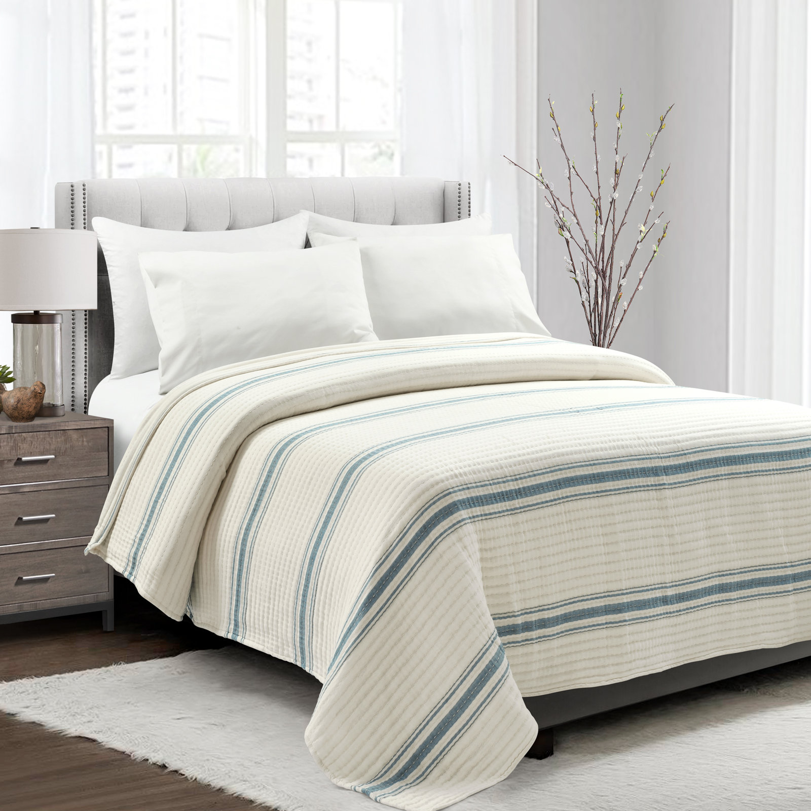 Oakleaf Cotton Quilt, Queen Quilt, Blue