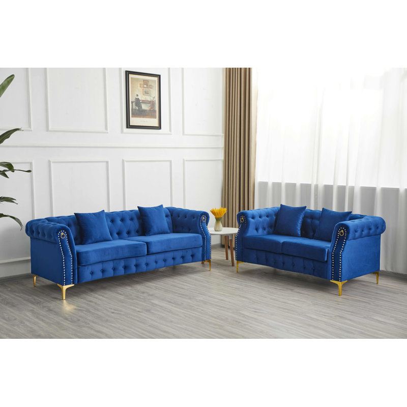  Ensemble de salon rembourré 2 pièces avec pieds en métal, Bleu