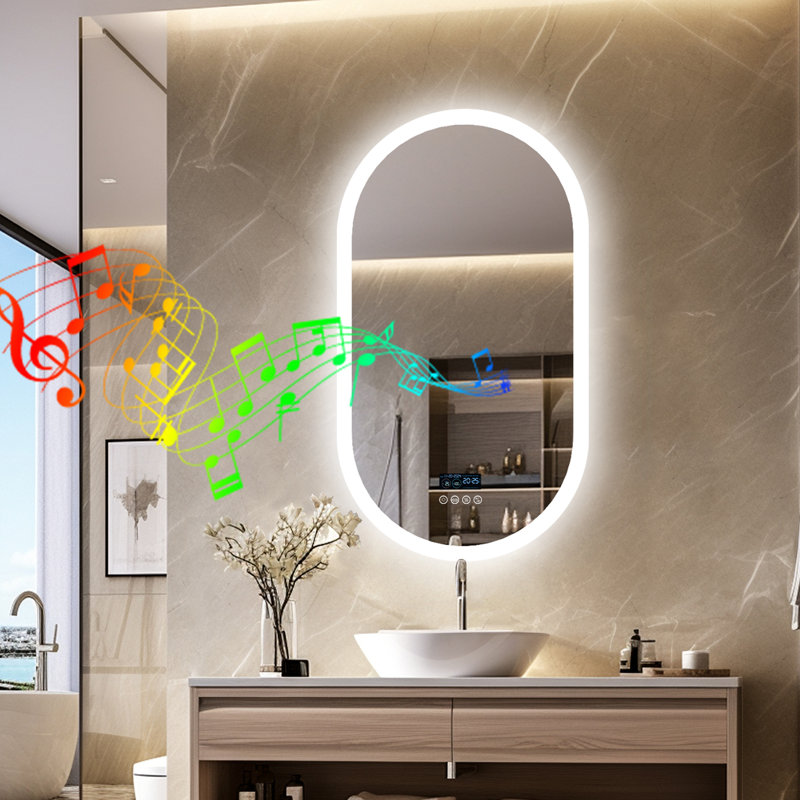 Oval Bathroom Mirror With Led Lights And Built-in Bluetooth Speaker, Time Temperature Display Unit - Smart Lighted Vanity Makeup Wall Mounted Mirrors - 3 Lights Setting Anti-fog Dimmable Ip56