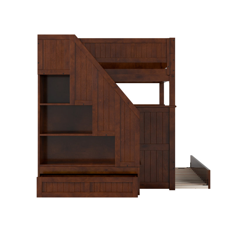 Keaire Staircase Bunk Bed with Storage Drawer and Twin Trundle, Walnut, Full Over Full