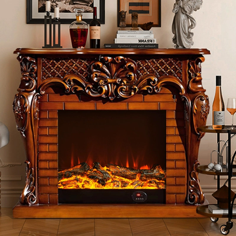 Solid + Manufactured Wood Freestanding Fireplace, Dark Brown