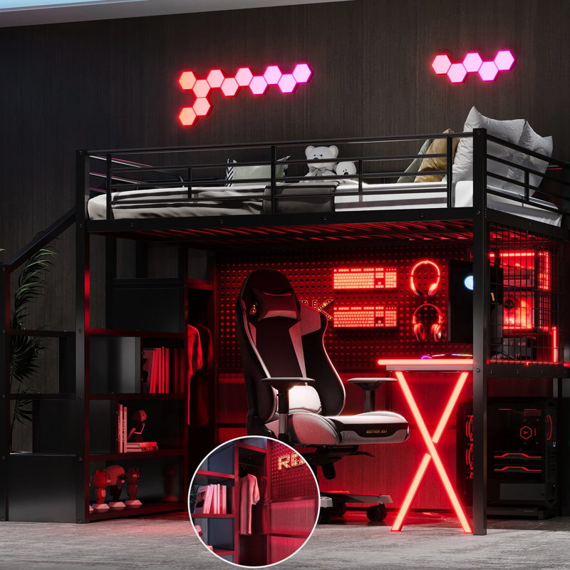 Lit mezzanine double en métal noir avec poste de jeu et de travail intégré, escalier de rangement pour garde-robe pour un divertissement confortable