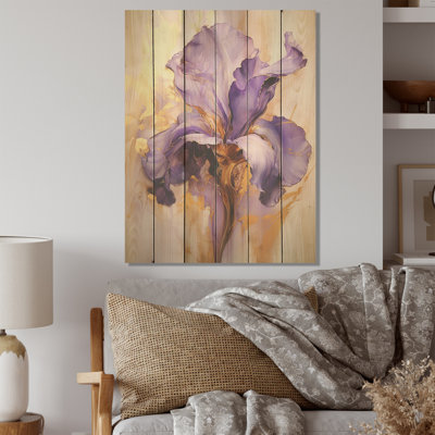 Iris doré - Rêve mauve - iris, art mural sur bois de pin naturel