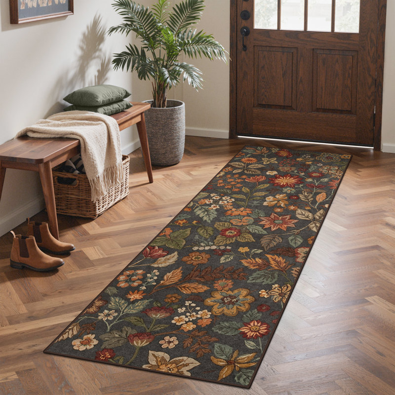 Tapis d'intérieur à motif floral lavable à la machine avec envers antidérapant Ammons Veridia