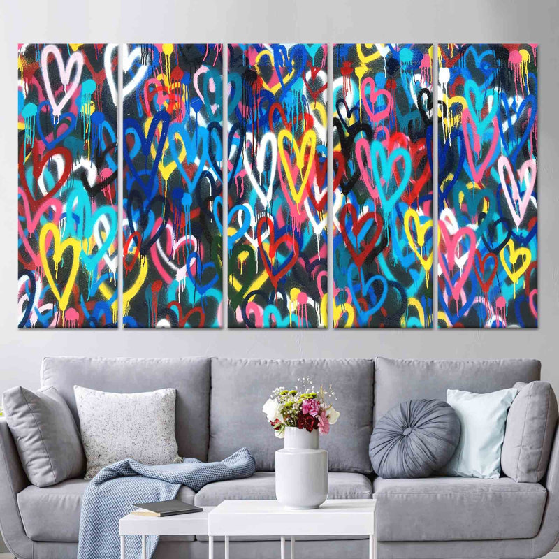 Imprimé sur toile de cœurs de graffiti Banksy, décor de salon vibrant, toile tendue 5P, H: 59,1 po x l: 98,4 po