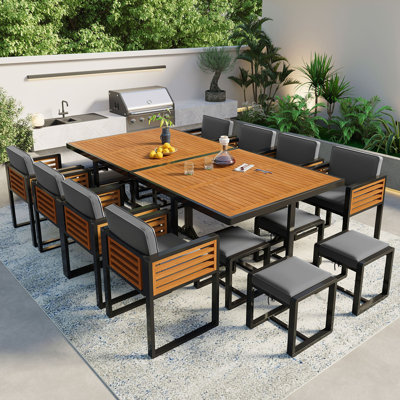 18-Pieces Patio Dining Set, Space Saving Outdoor Patio Set, 8 Cushioned Chairs & 8 Ottomans & 2 Square Table