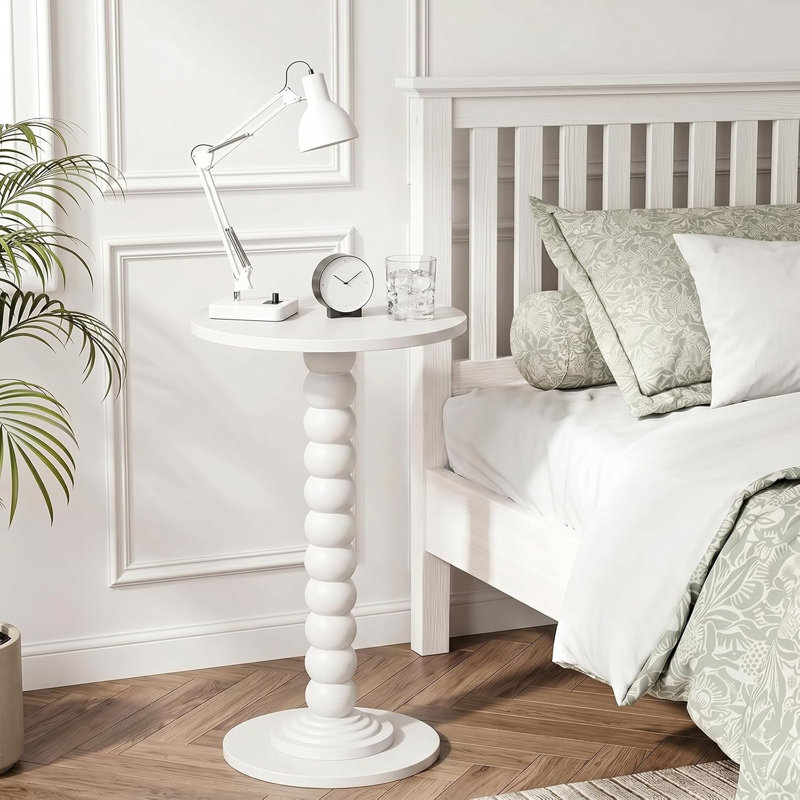 Table d'appoint ronde, table de bout petite boisson, table de chevet d'appoint en bois massif, White