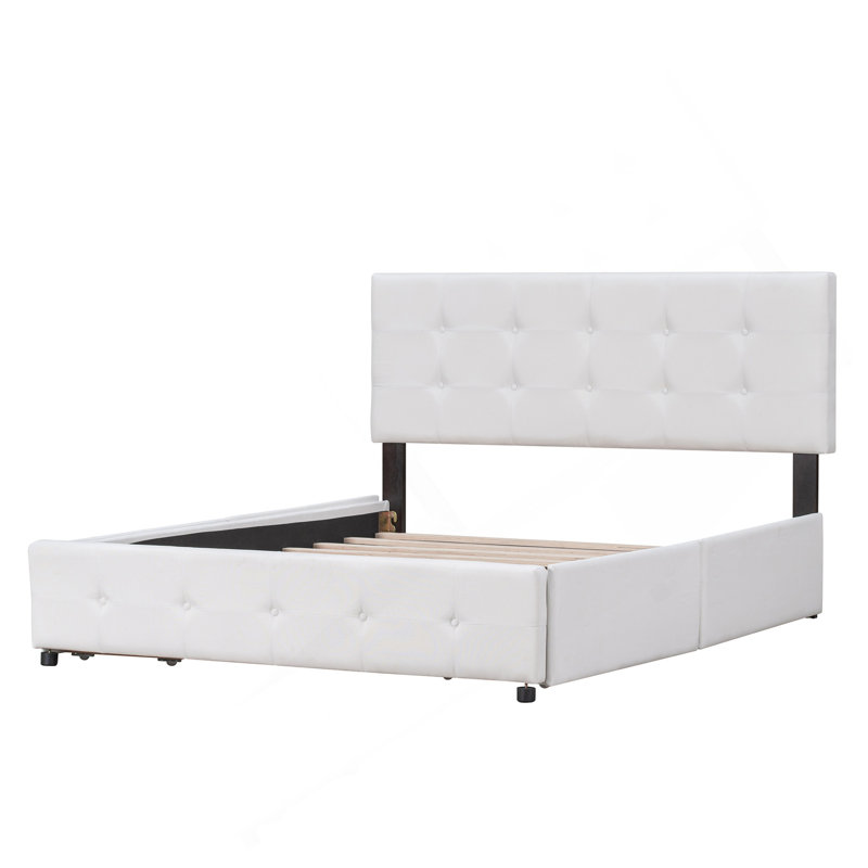 Lit plateforme tapissier avec tête de lit classique et 4 tiroirs, aucun sommier nécessaire, tissu en lin, grand lit blanc