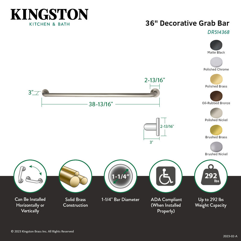 Kingston Brass Meridian 1-1/4 Inch O.D Grab Bar, Matte Black, 2.81" H x 38.81" L