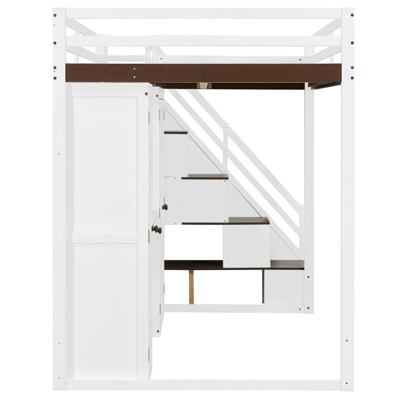 Lit mezzanine avec escalier de rangement, coiffeuse intégrée avec miroir et tiroir, garde-robe et armoires, ports et lumières de chargement USB