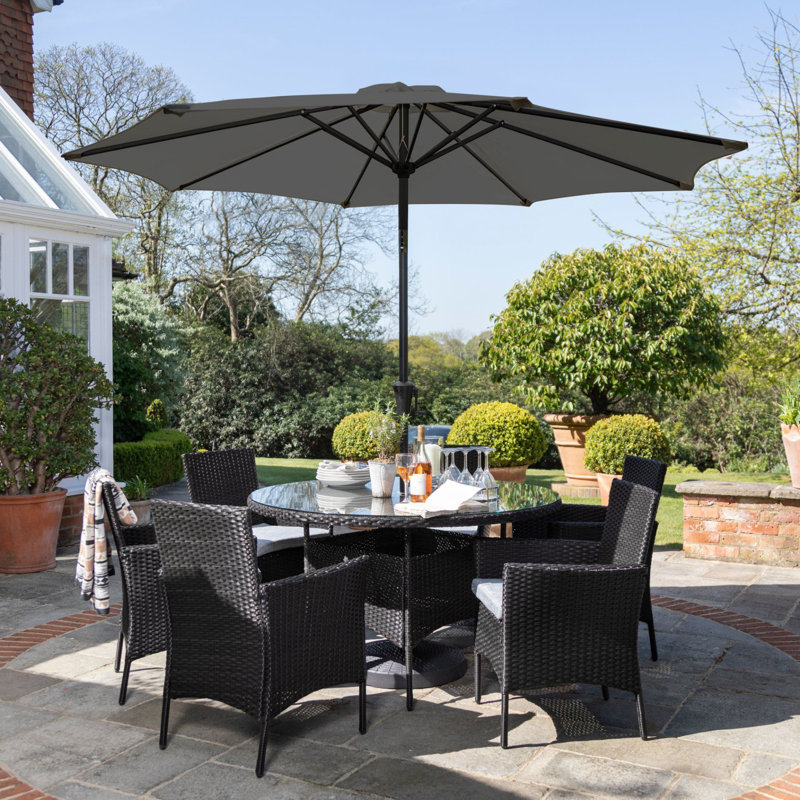 Dubose 6 - Person Wicker Patio Dining Set with Round Table , Cushions Included, Yes, Black
