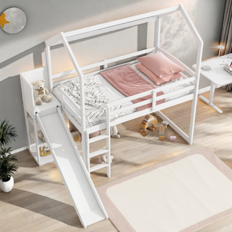 Lit mezzanine simple en bois avec glissade, tablettes de rangement et rampe d'escalade, Blanc