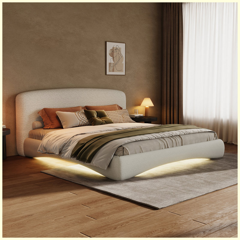Grand lit tapissier courbé crème avec éclairage ambiant intelligent, Grand lit