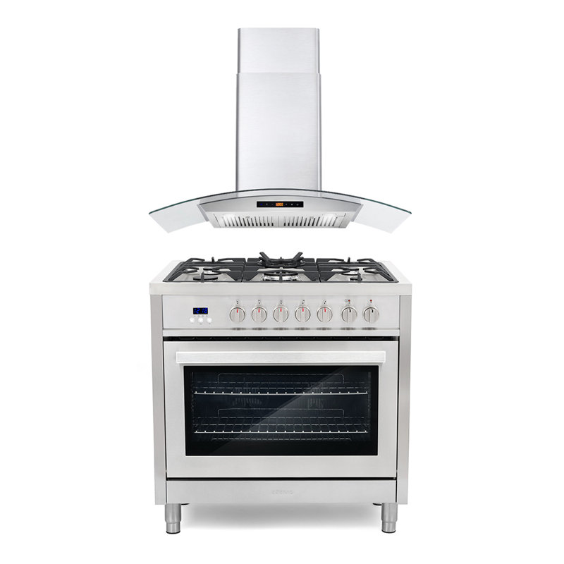 Cosmo 2 Piece Kitchen Appliance Package with 36'' Dual Fuel Freestanding Wall Mount Range Hood