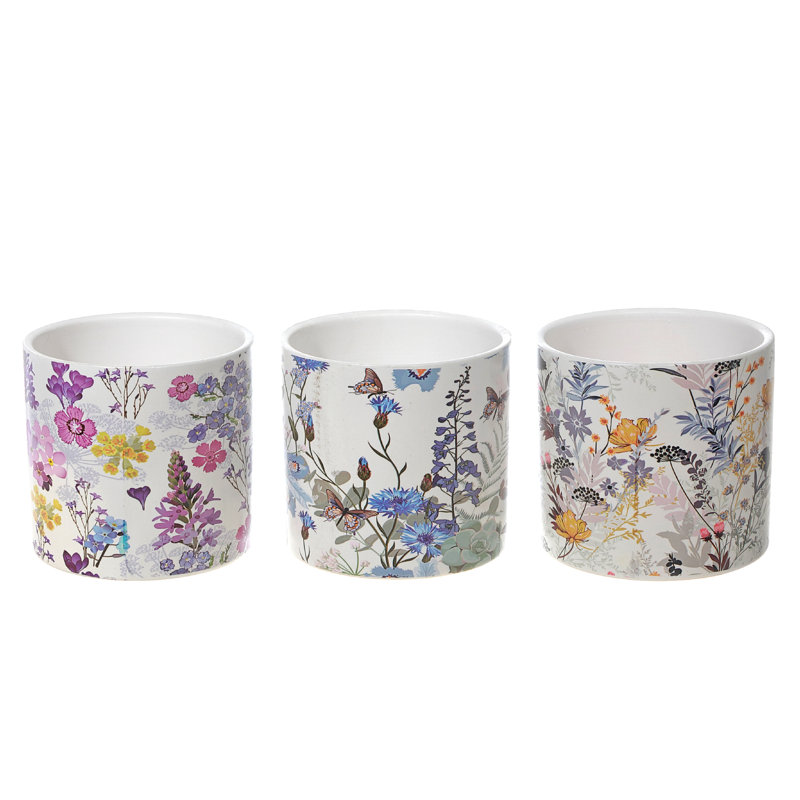 Ensemble de 3 pots à fleurs ronds en céramique et papillons