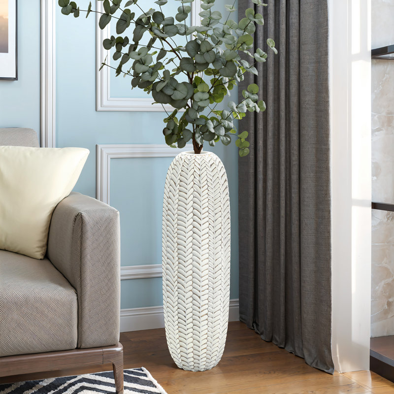 Vase moderne en polyrésine blanc 26,2 "avec motif géométrique, H 25 po x l 7,9 po x P 7,9 po