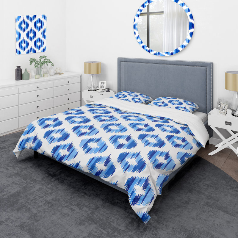 Blue Ikat Ogee - Ensemble de housse de couette abstrait - Microfibre de polyester
