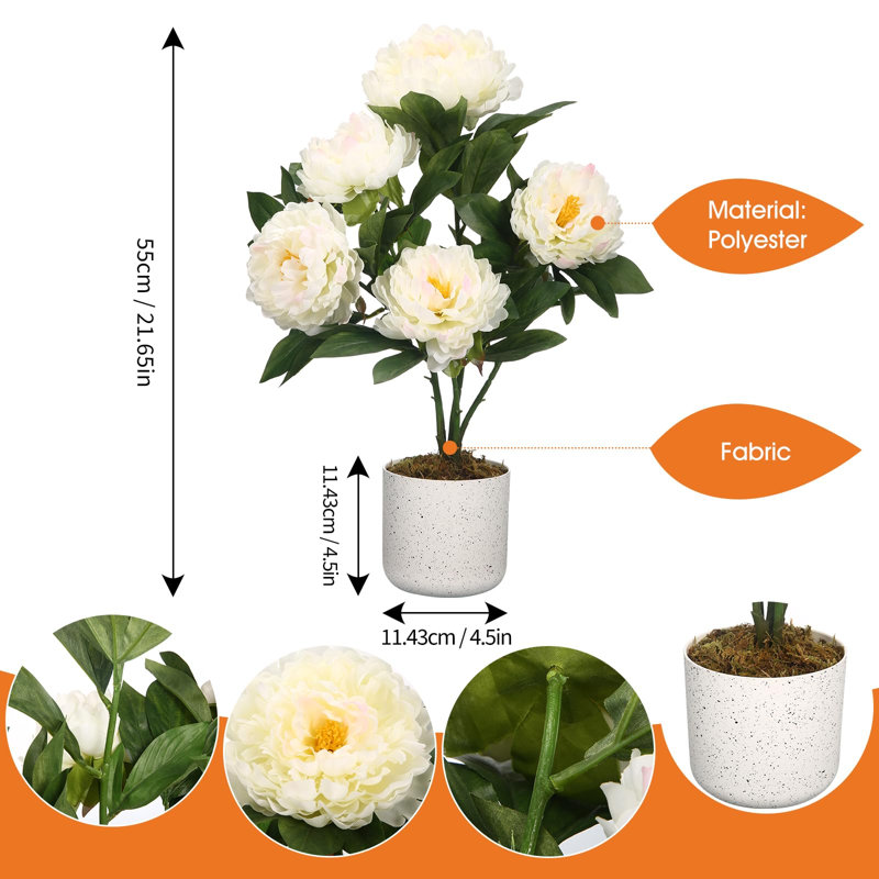 Ensemble de 2 fleurs artificielles de pivoines et d'hortensias - Faux plantes blanches réalistes avec feuilles vertes - Faux plantes décoratives d'intérieur et d'extérieur pour la maison, le salon, le bureau, le porche