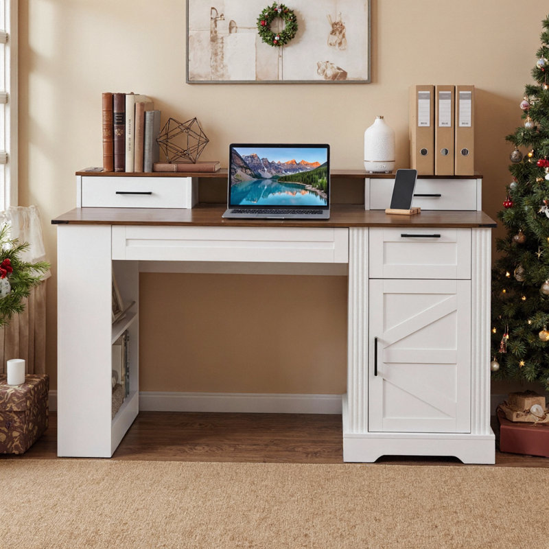 Bureau d'ordinateur 55 po blanc avec station de charge, plateau à clavier et armoire de porte de grange 55 po, Blanc
