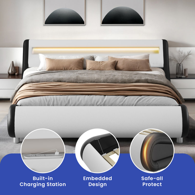 Lit plateforme tapissier, Grand lit, Blanc / noir