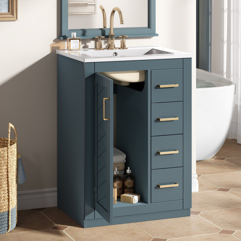 Meuble-lavabo 24 po avec lavabo intégré en céramique, meuble-lavabo simple avec 1 porte et 3 tiroirs pour salle de bain petite et moyenne, bleu