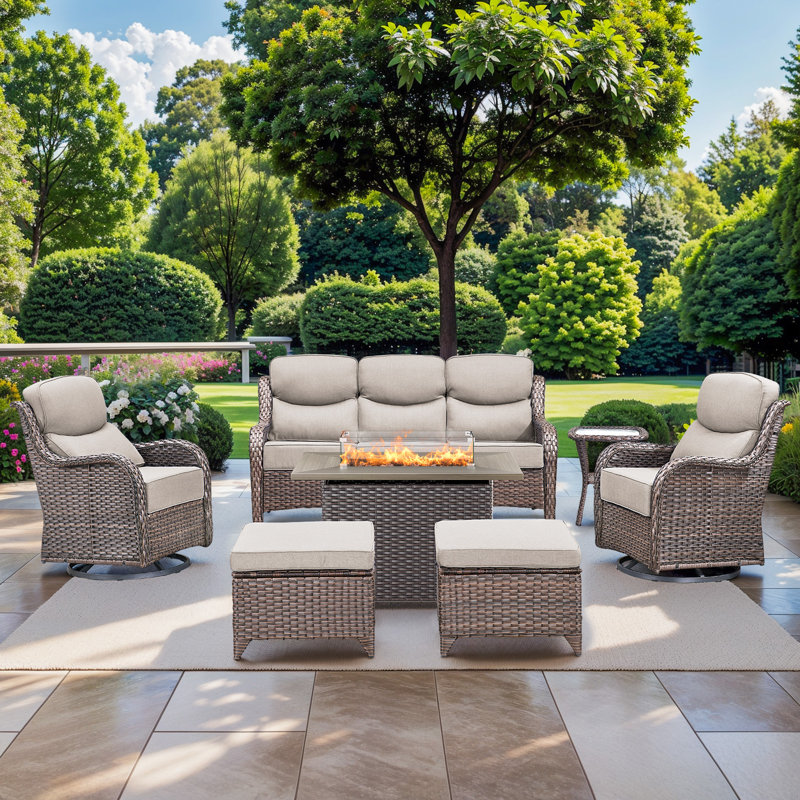 7 Pieces Patio Furniture Set, Outdoor Wicker Sofa Couch With Rocking Swivel Chairs And 55000 Gas Fire Pit, Modern Deep Seat Rattan Conversation Sets For Porch Deck