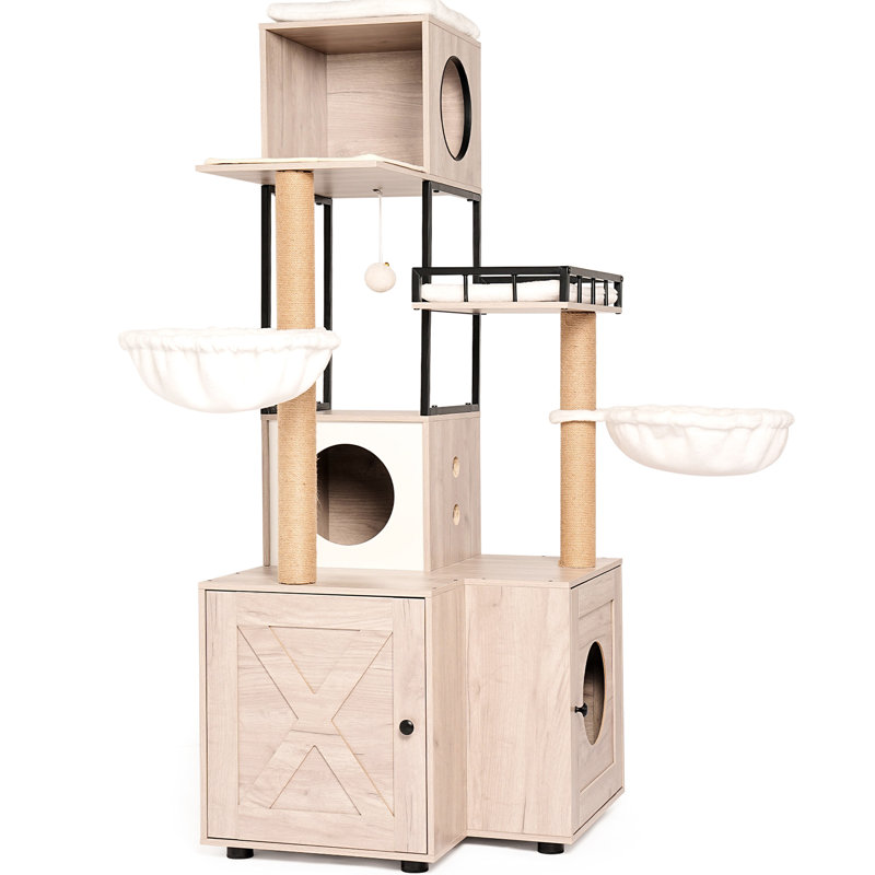 Arbre à chat de 63 po avec bac à litière, coussin lavable, poteaux à griffer de 7 cm d'épaisseur, compartiments de rangement intelligents et interactifs, maison multifonctionnelle de style américain, boîte incluse, coussin amovible,