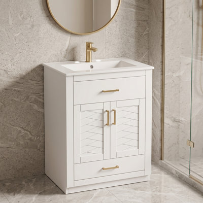 Meuble-lavabo compact 24 po avec lavabo en céramique intégré - Armoire à 2 portes et tiroir coulissant pour les petites salles de bain, les salles d'eau ou les salles de bain d'invités