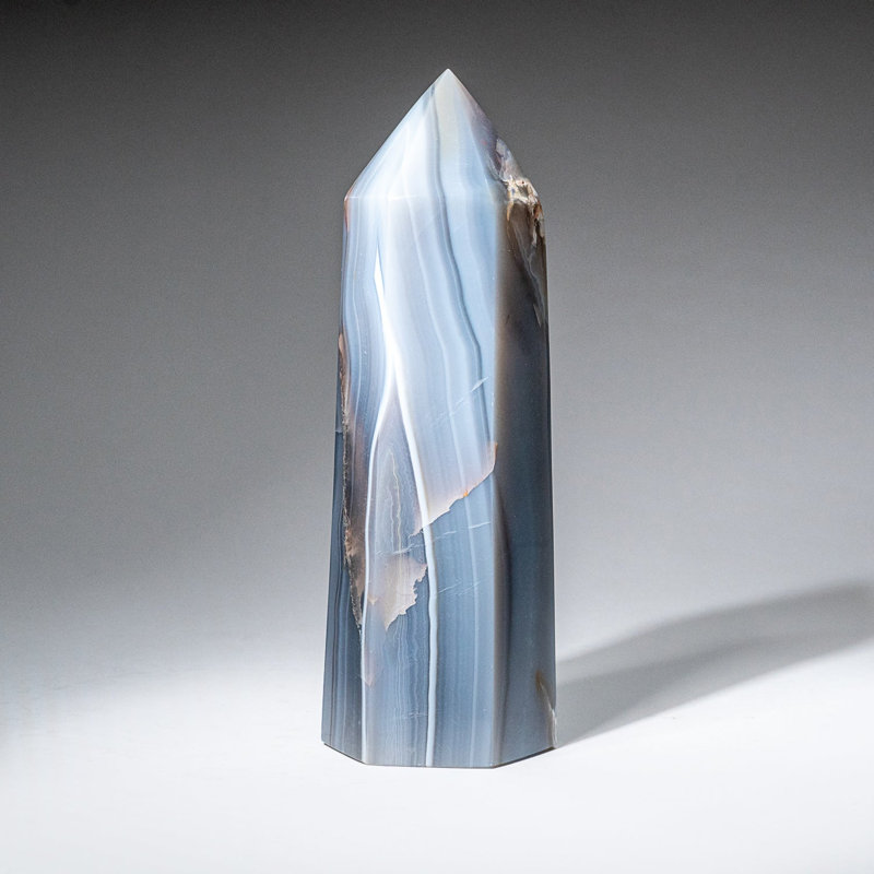 Genuine Polished Blue Agate Point from Madagascar (2.5 Lbs), 8" H x 2.5" W x 2.25" D, Blue/Beige/Ivory