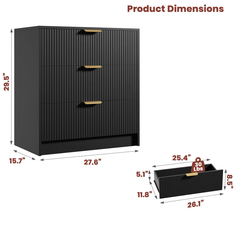 Black  3-Drawer Fluted Dresser – Vertical Nightstand with Gold Handles, Space-Saving Storage for Bedroom, Living Room, Hallway, Entryway