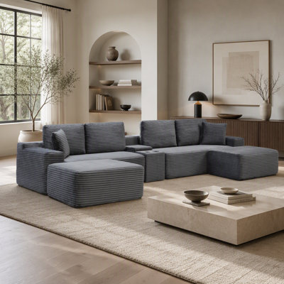 Canapé d'angle 125'' avec deux poufs, canapé infonuagique avec assise profonde, canapé en forme de U avec porte-gobelets et ports USB, canapés en velours côtelé pour salon, gris