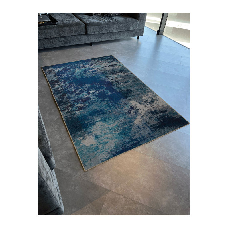 Tapis bleu délavé à motif abstrait et créatif, Rectangle 2 pi 4 po x 3 pi 11 po