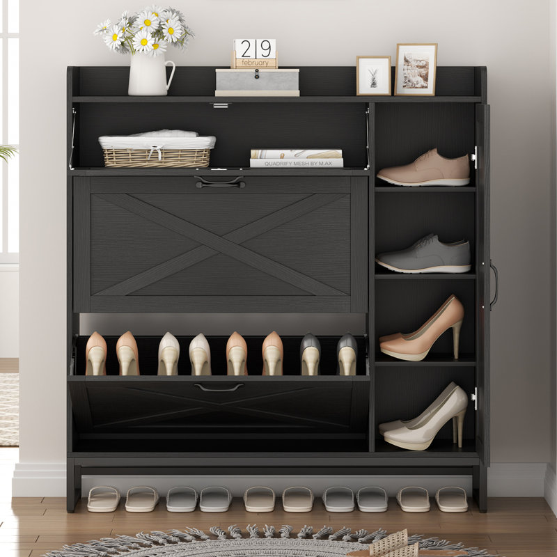 Armoire à chaussures avec 2 tiroirs rabattables, étagère à chaussures avec armoire latérale réglable, Noir