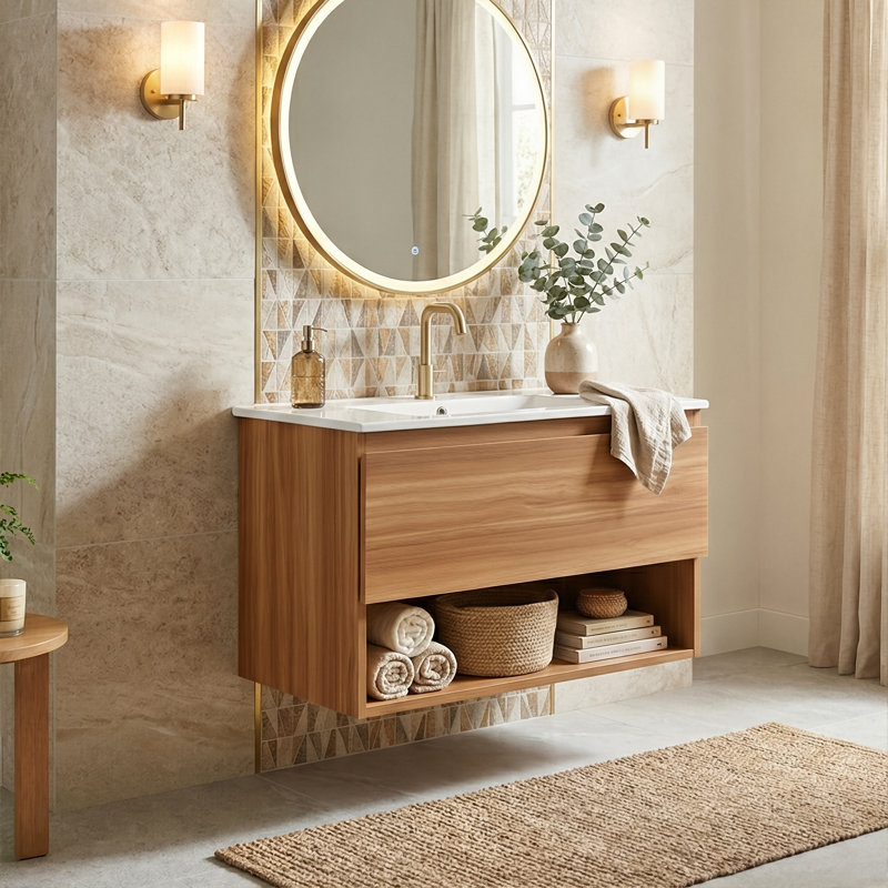 Meuble-lavabo 24 po / 30 po avec tiroir de rangement, armoire murale en noyer avec plateau en céramique et panneau de fibres à densité moyenne résistant à l'humidité