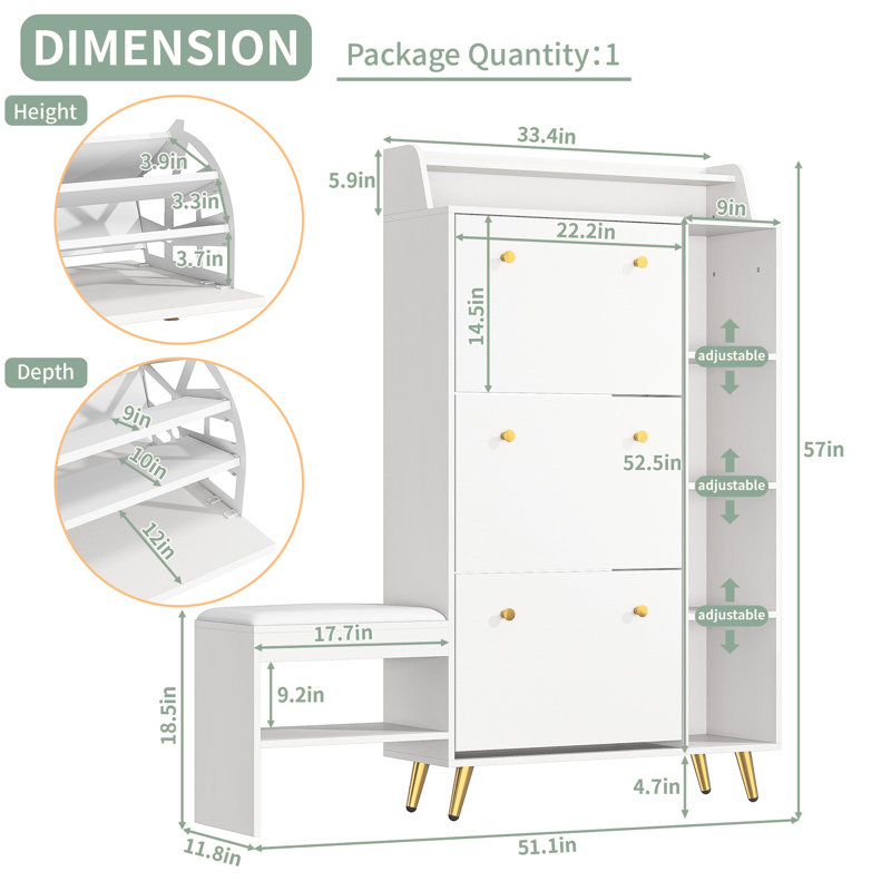 All-In-One Shoe Storage Cabinet And Shoe-Changing Bench With Hidden Storage And Display Shelves, White