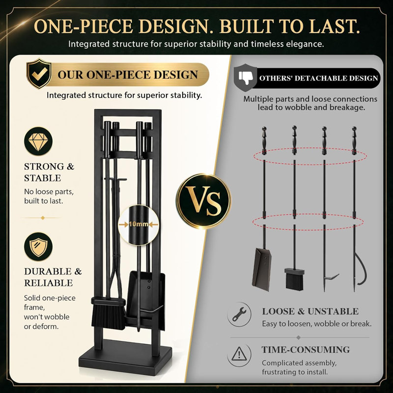 5-Piece Fireplace Tool Set, 30" One-Piece Stand,Black