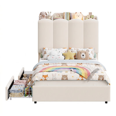 Kids Platform Bed with LED Lights, USB Ports, Side Cubbies & 2 Underbed Drawers, Upholstered Storage Bed Frame, Twin Size